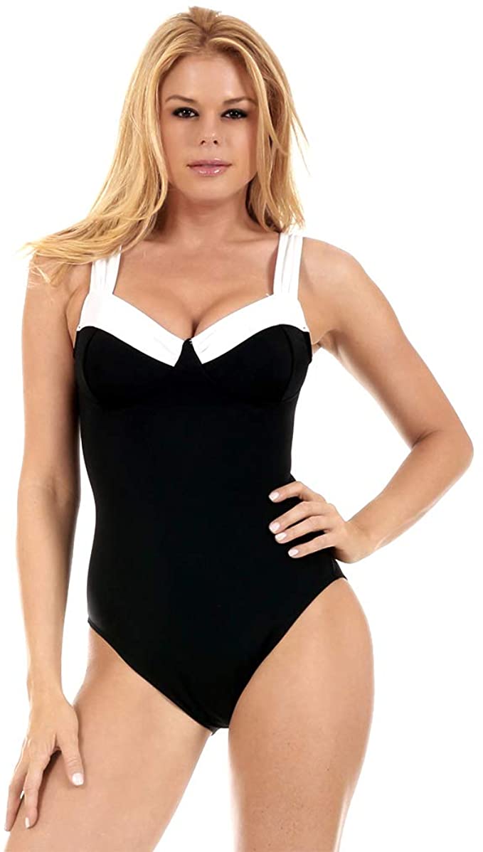 InstantFigure Women's Compression Shapewear Contrast Trim Tummy Control Padded One Piece  Color Black Size 8