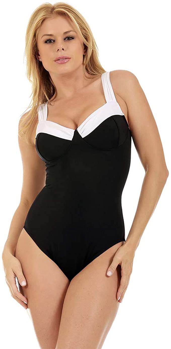 InstantFigure Women's Compression Shapewear Contrast Trim Tummy Control Padded One Piece  Color Black Size 8