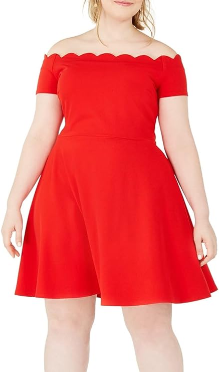 B. Darlin Juniors Trendy Plus Size Scalloped Off Shoulder Dress  Color Bright Red Size 24W
