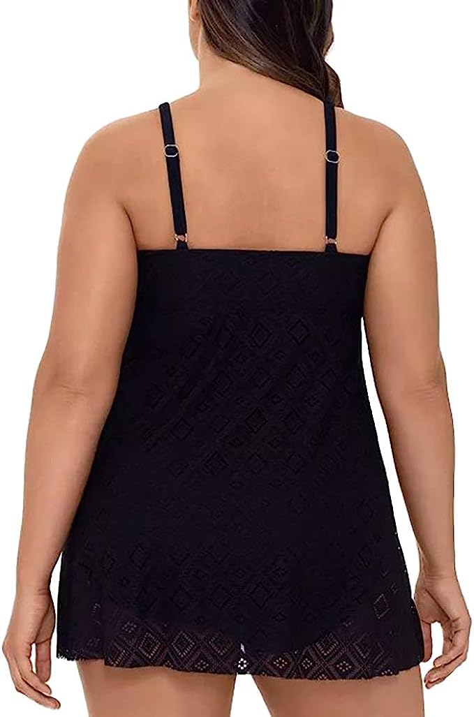 Swim Solutions Women's Plus Size Crochet Flyaway Tummy Control Swimdress  Color Black Size 24W