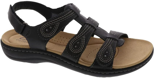Clarks Women's Laurieann Vine Strappy Flat Sandal  Black Leather Size 8