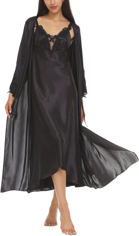 Flora by Flora Nikrooz Women's Stella Charmeuse Venise Trim Robe  Color Black Size S/M