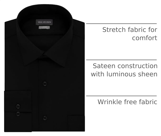 Van Heusen Men's Lux Sateen Fitted Spread Collar Dress Shirt  Black Size 18 32/33