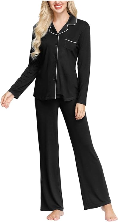INK+IVY Women's Rayon Long Sleeve Button Top & Trouser Pajama Set  Color Black Size S