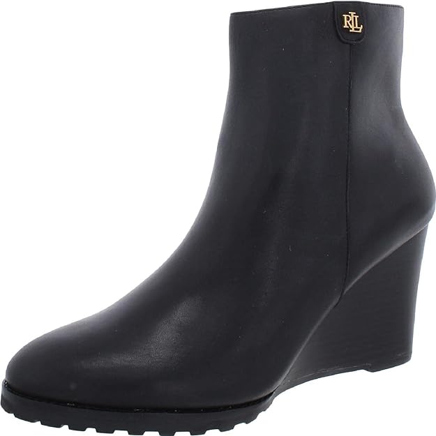 Lauren Ralph Lauren Women's  Shaley Calfskin Wedge Booties  Black Size 5
