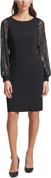 Jessica Howard Women's Petites Chiffon-Sleeve Sequin Sheath Dress  Color Black Size 12P