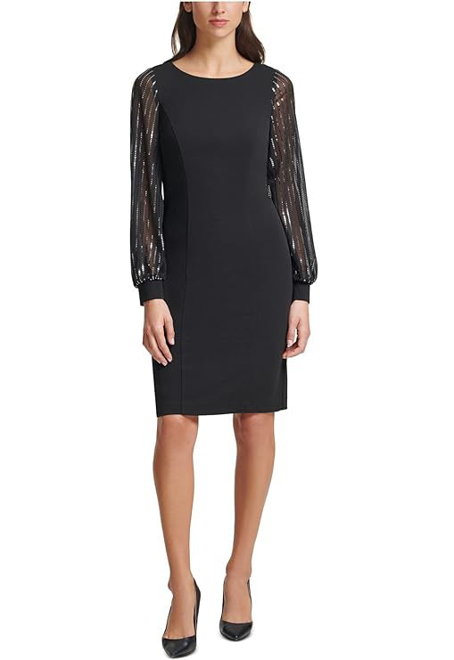 Jessica Howard Women's Petites Chiffon-Sleeve Sequin Sheath Dress  Color Black Size 12P