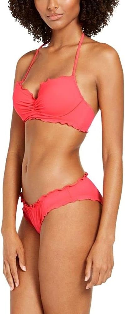 SUNDAZED Nixie Bra Sized Ruffle Edge Halter Bikini Top  Sunkissed Coral Size 36DD