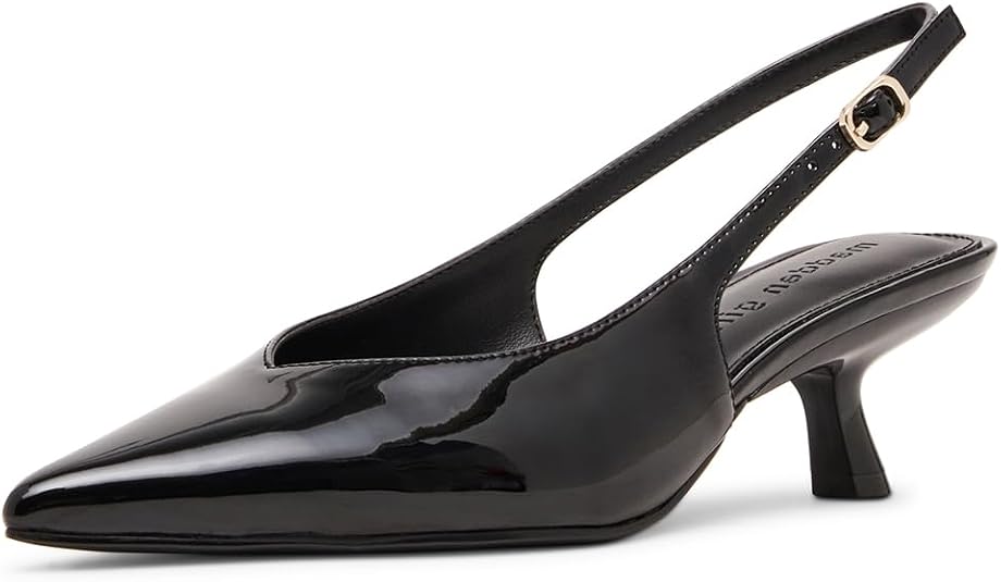 Madden Girl Women's Kitten Slingback Pointed Toe Pumps  Black Patent Size 8.5