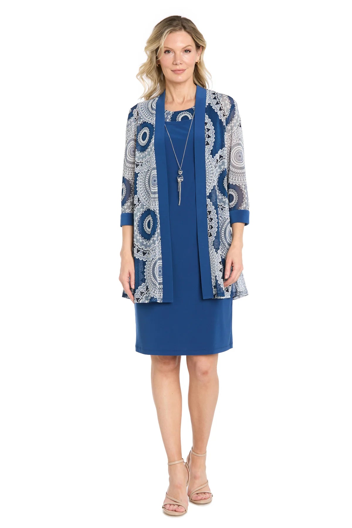 R&M Richards Petite Lace-Print Mesh Jacket Dress  Denim Size 14P