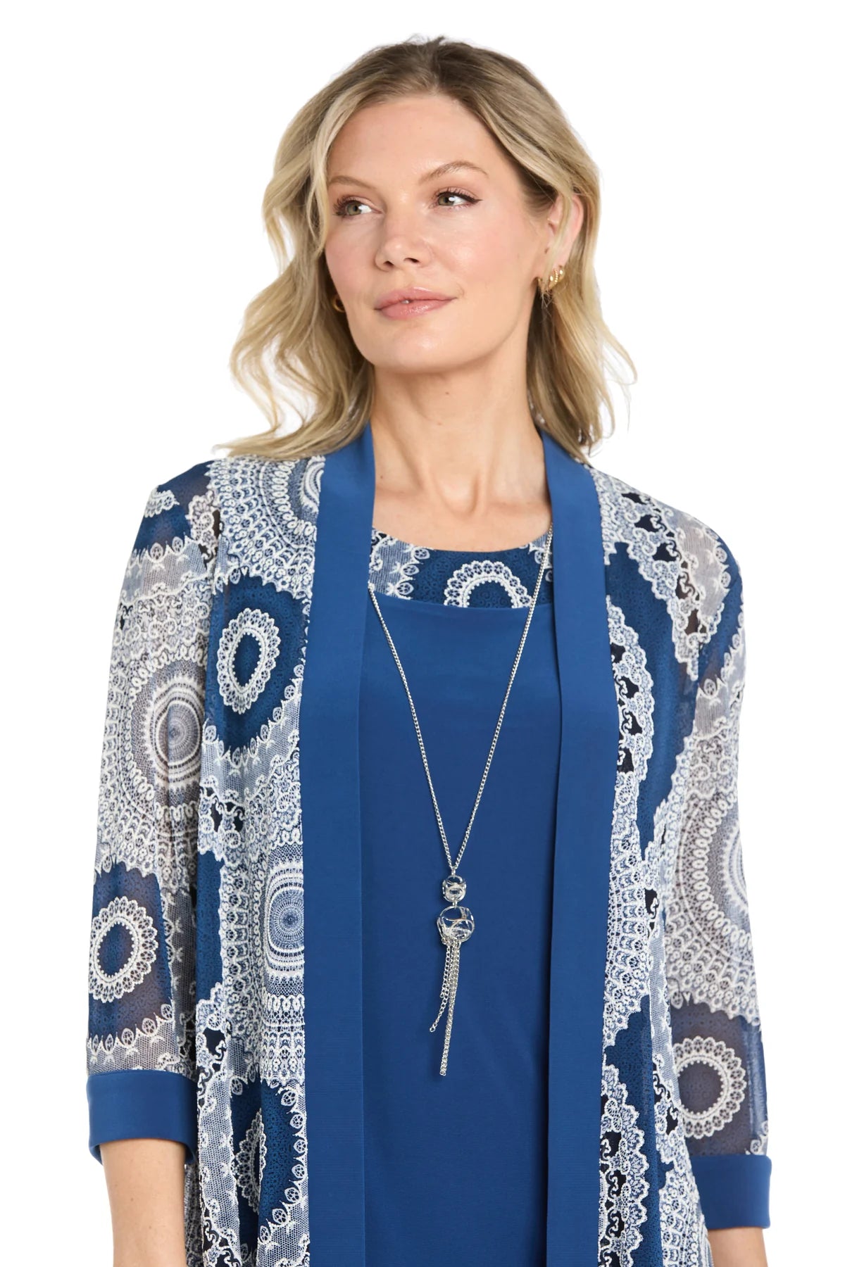 R&M Richards Petite Lace-Print Mesh Jacket Dress  Denim Size 14P