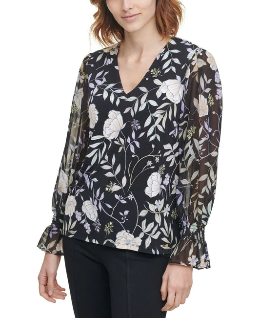 Calvin Klein Women's Printed Ruffled-Sleeve Top  Multicolor Size XL