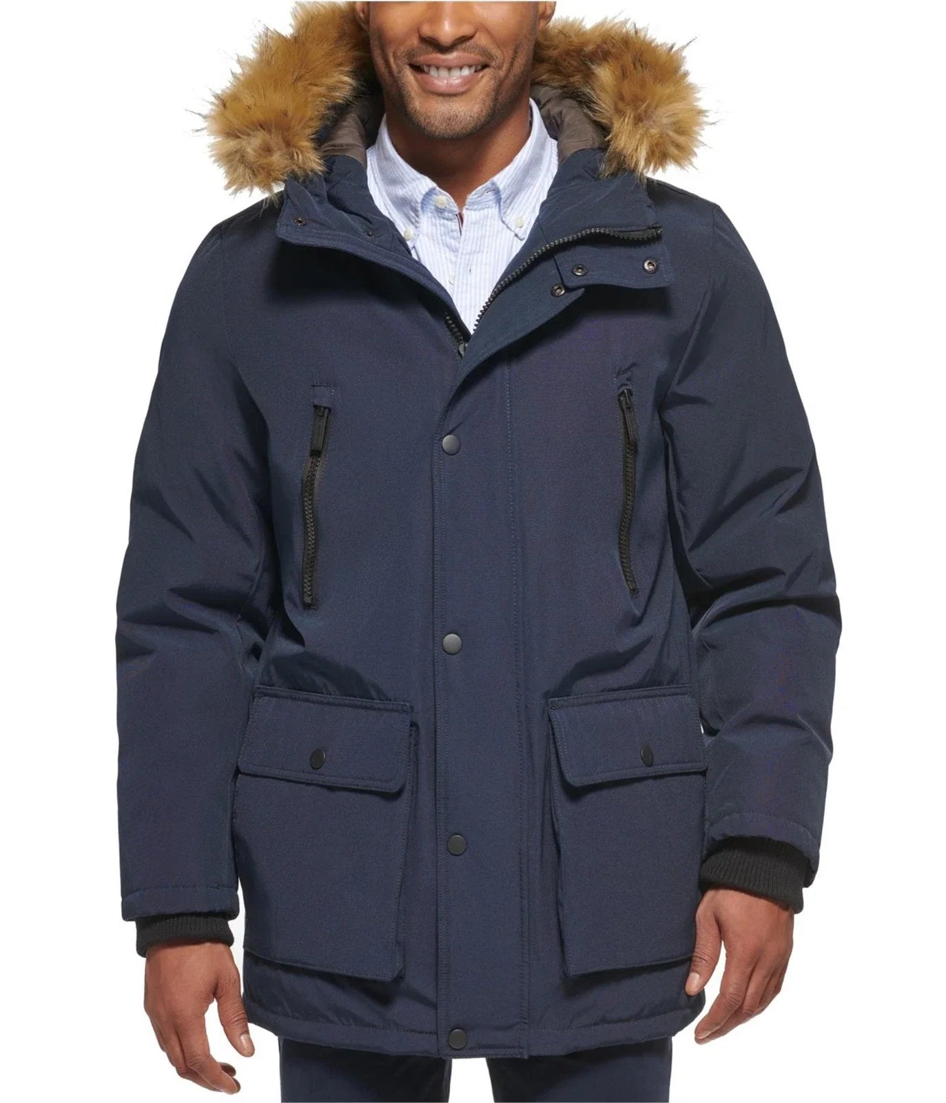Club Room Men's Parka Faux Fur-Hood Coat  Navy Size XL