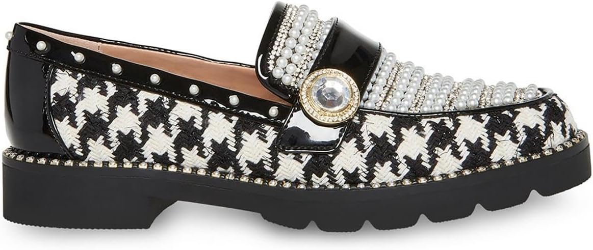 Betsey Johnson Women's Mariam Patent Trim Embellished Loafers  Houndstooth Size 6