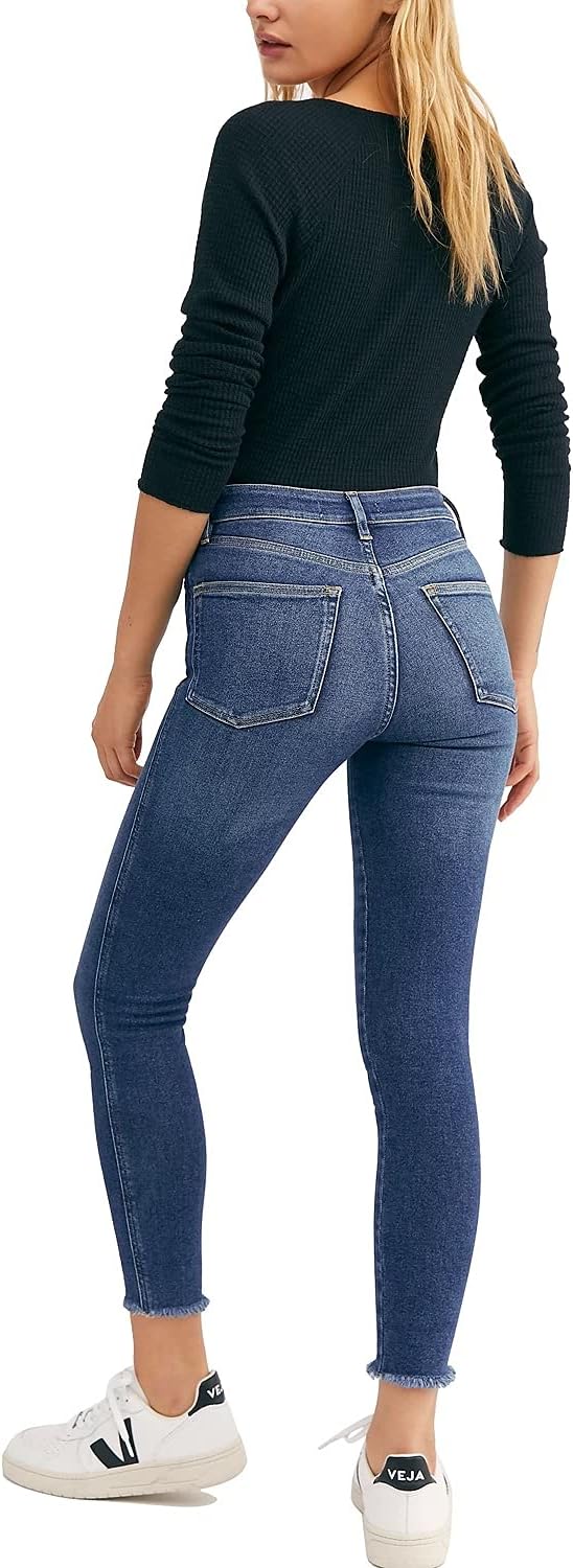 Free People Women's High Waist Raw Hem Ankle Jeans  Capri Blue Size 29