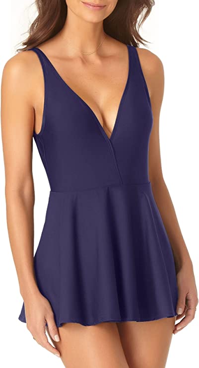 Anne Cole Women's Standard Plunge One Piece Swimdress  Color Navy Blue Size 10