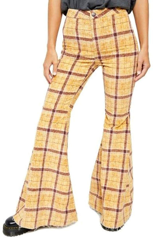Free People Women's Just Float on Plaid Jeans  Color Mustard Size 25