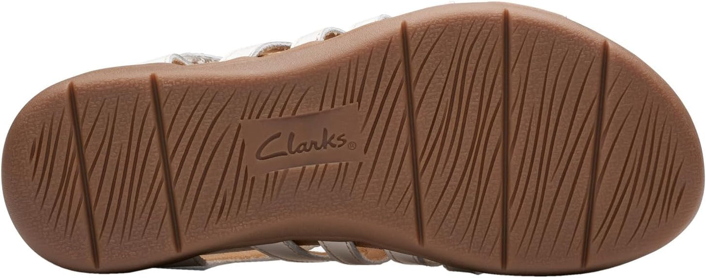 Clarks Women's April Belle Strappy Flat Sandal  White Leather Size 8.5N
