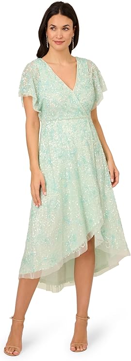 Adrianna Papell Womens Embellished Wrap-Style Long Gown  Color Mint Glass Size 16