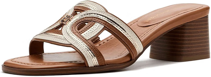 Tommy Hilfiger Women's Marica Block Heel Slide Sandals Cognac Multi Size 7.5