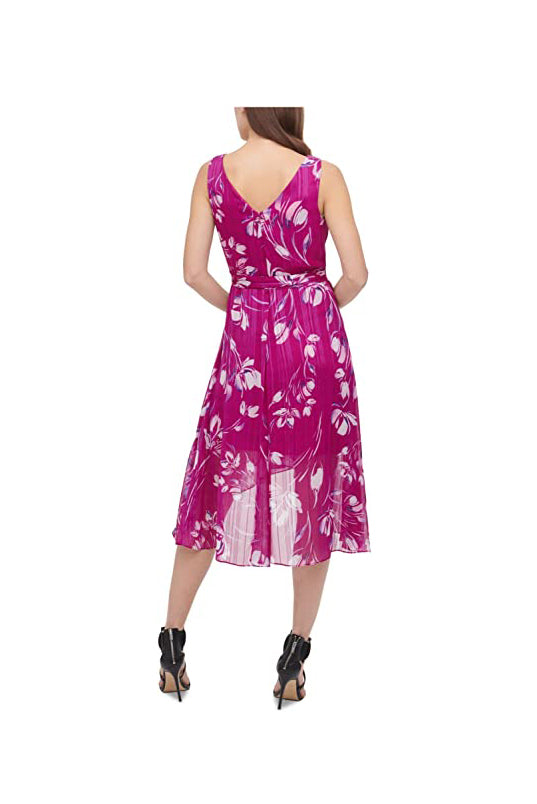 DKNY Tie Ruffled Metallic Floral Cocktail Faux Wrap Dress  Color Berry Multi Size 4