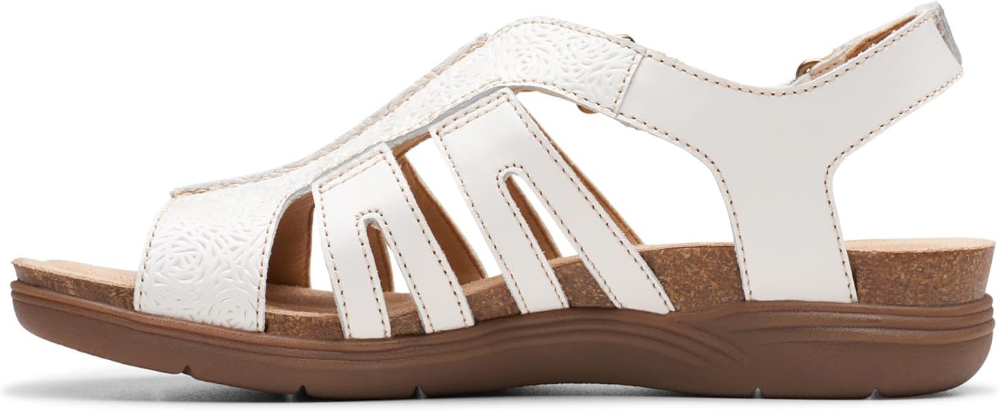 Clarks Women's April Belle Strappy Flat Sandal  White Leather Size 8.5N