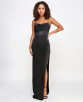 Emerald Sundae Juniors Drape-Front Long Sateen Gown  Color Black Size xs