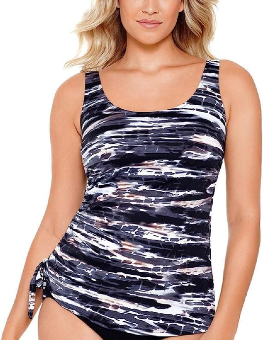 Swim Solutions Printed Side-Tie Tankini Top  Color Coastal Plates Black Size 8