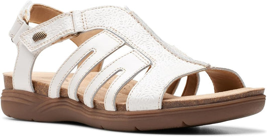 Clarks Women's April Belle Strappy Flat Sandal  White Leather Size 8.5N