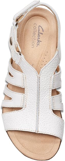 Clarks Women's April Belle Strappy Flat Sandal  White Leather Size 8.5N
