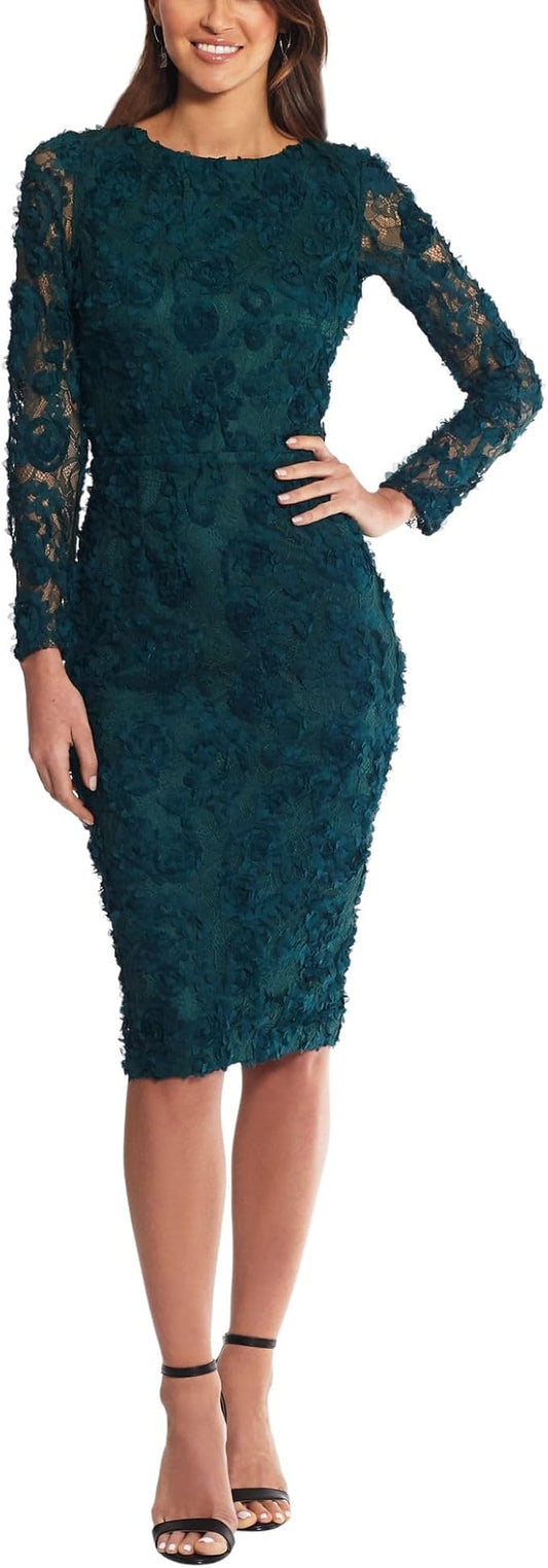XScape Long Sleeve Raised Floral Lace Midi Length Dress  Hunter Green Size 12