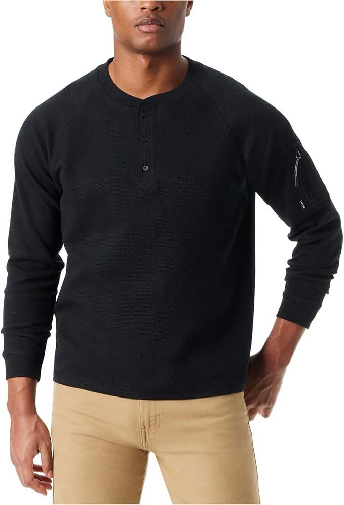 BASS OUTDOOR Men’s Relaxed Fit Performance Thermal Long Sleeve Henley  Black Beauty Size L