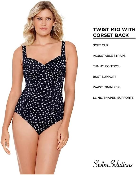 Swim Solutions Twist Corset-Back Tummy Control One-Piece Swimsuit  Galactica Size 18