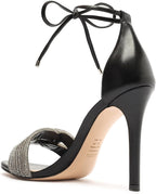 Schutz Andy Embellished Leather Heeled Ankle-Tie Sandals   Color Black/Cristal Size 7.5B