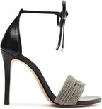 Schutz Andy Embellished Leather Heeled Ankle-Tie Sandals   Color Black/Cristal Size 8B