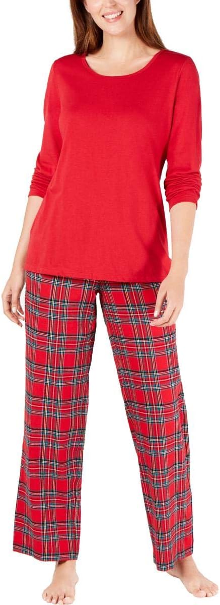 Family Pajamas Women's 2-Pc. Solid Top Plaid Pants PJ Set  Color Brinkley Plaid Size S