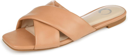 Journee Collection Women's Carlotta Faux Leather Flat Sandal  Tan Size 9.5
