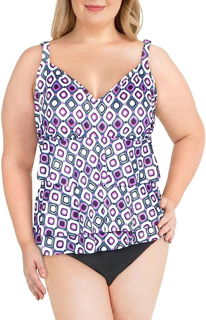 Swim Solutions Jewels Tiered Tummy Control One-Piece Swimsuit  Color Purple Multi Size 22W