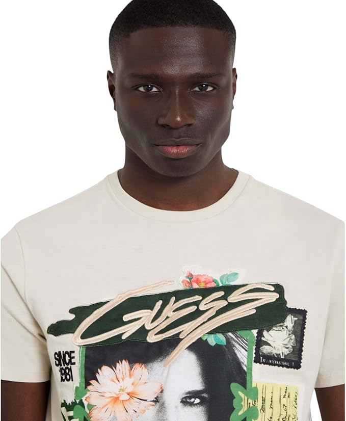 GUESS Men's Botanical Collage T-Shirt  Pearl White Multi Size M