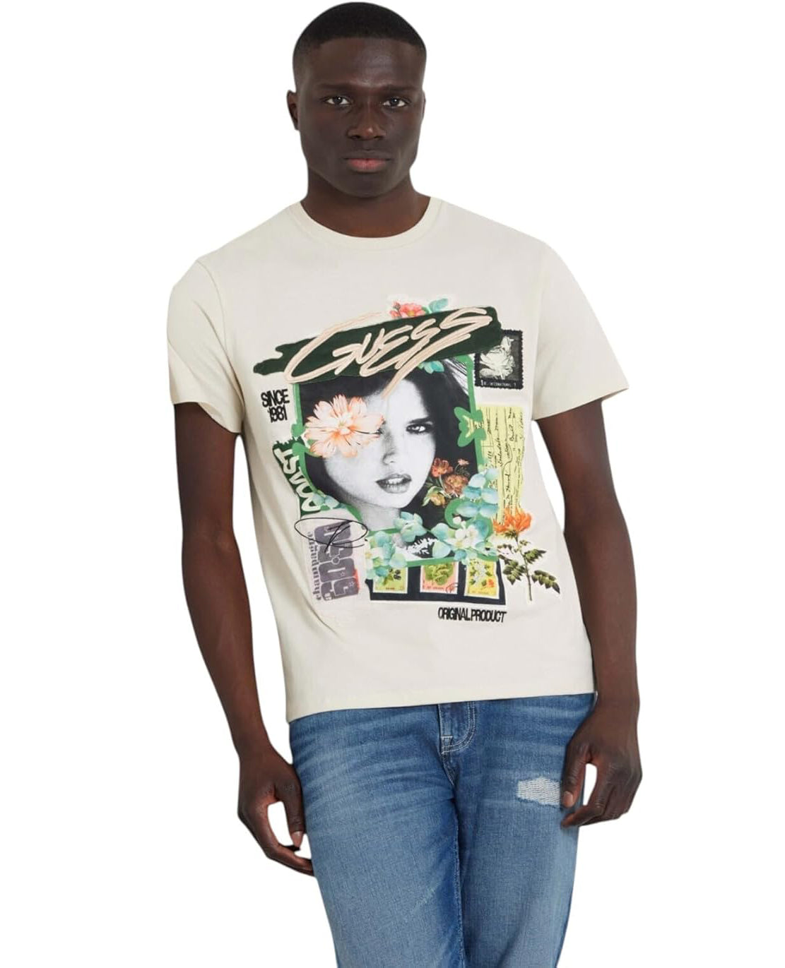 GUESS Men's Botanical Collage T-Shirt  Pearl White Multi Size M