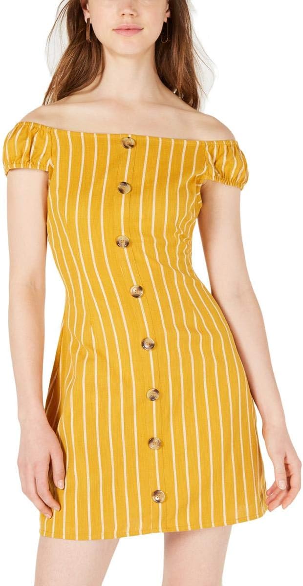 Planet Gold Women's Striped Off-The-Shoulder Casual Dress  Yellow Size L