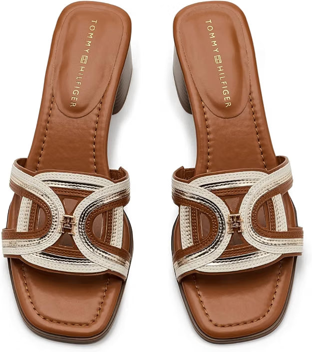 Tommy Hilfiger Women's Marica Block Heel Slide Sandals Cognac Multi Size 7.5