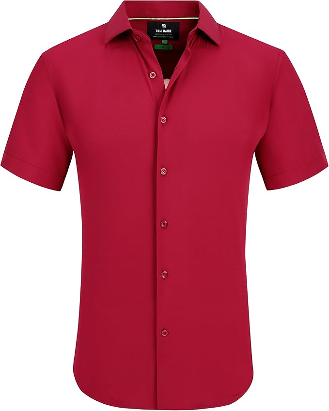 Tom Baine Men's Slim Fit Short Sleeve Button-Up Shirt  Burgundy Size XL 17/17.5