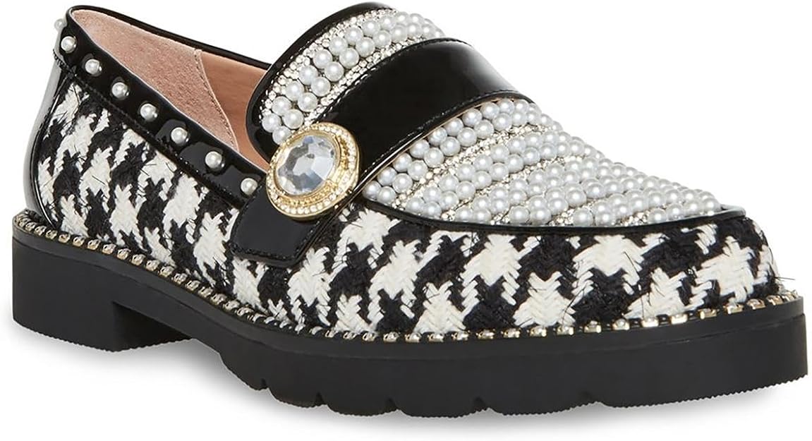 Betsey Johnson Women's Mariam Patent Trim Embellished Loafers  Houndstooth Size 6
