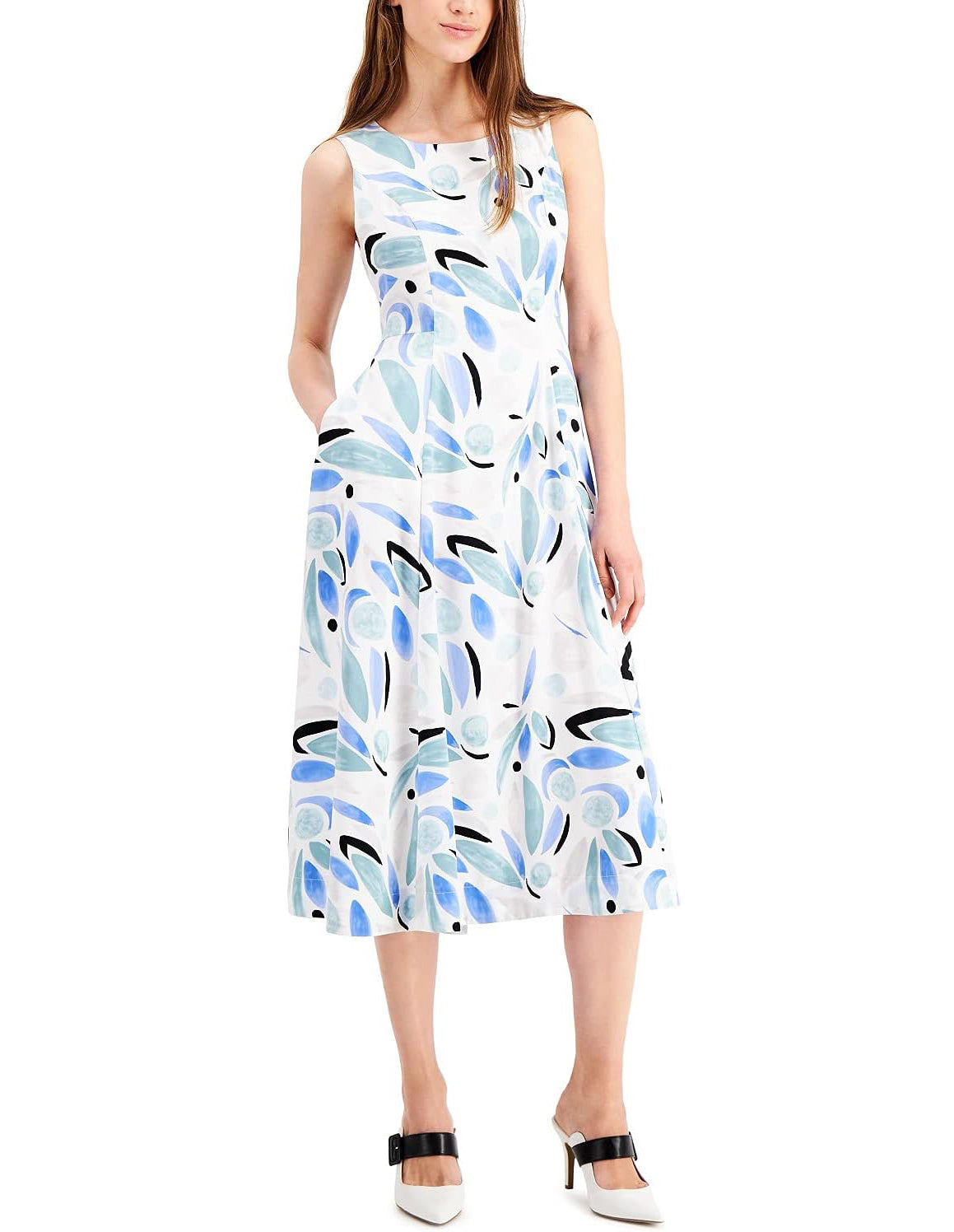 Alfani Women's Printed Fit & Flare Dress  Blue Size 14