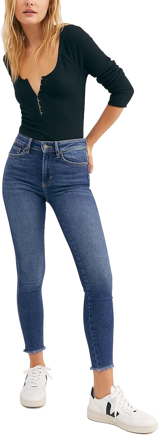 Free People Women's High Waist Raw Hem Ankle Jeans  Capri Blue Size 29