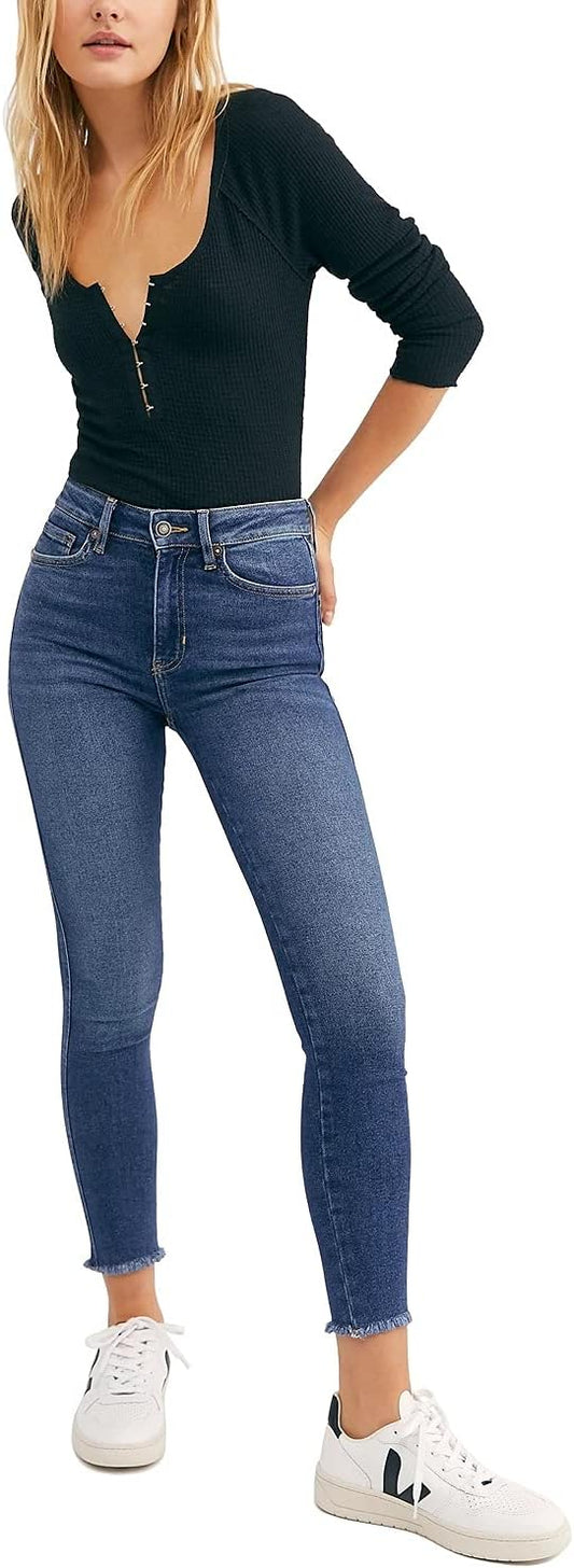 Free People Women's High Waist Raw Hem Ankle Jeans  Capri Blue Size 29