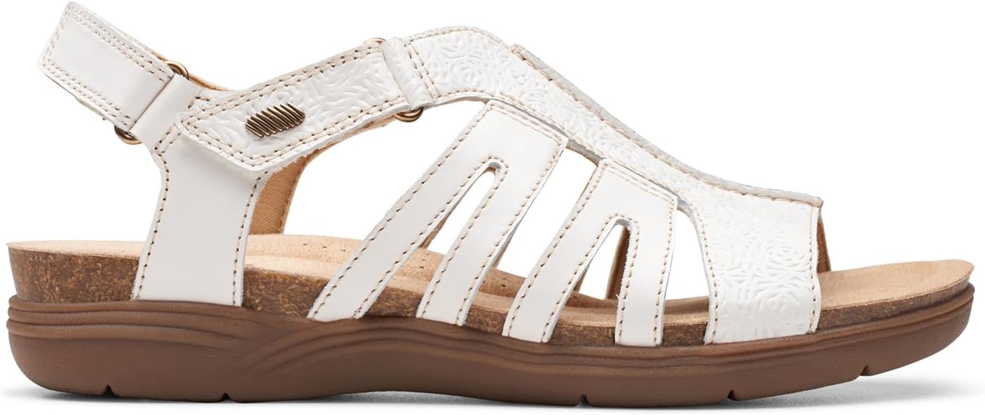 Clarks Women's April Belle Strappy Flat Sandal  White Leather Size 8.5N