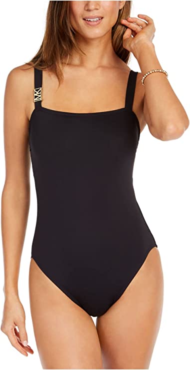 Michael Kors Square-Neck Logo One-Piece Swimsuit  Color Black Size 6