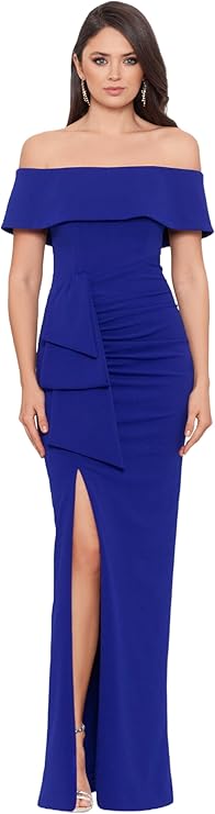 XSCAPE Off-The-Shoulder Scuba Crepe Slit Gown  Marine Size 14